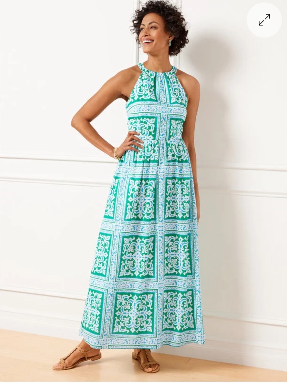 Talbots HALTER MAXI DRESS - MEDALLION TILES SZ 8 in Green Blue Print